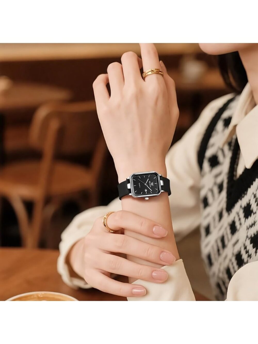 Women's Silver Black Square Silicone Band Waterproof Luxury Elegant Casual Watch - Picture 2 of 5